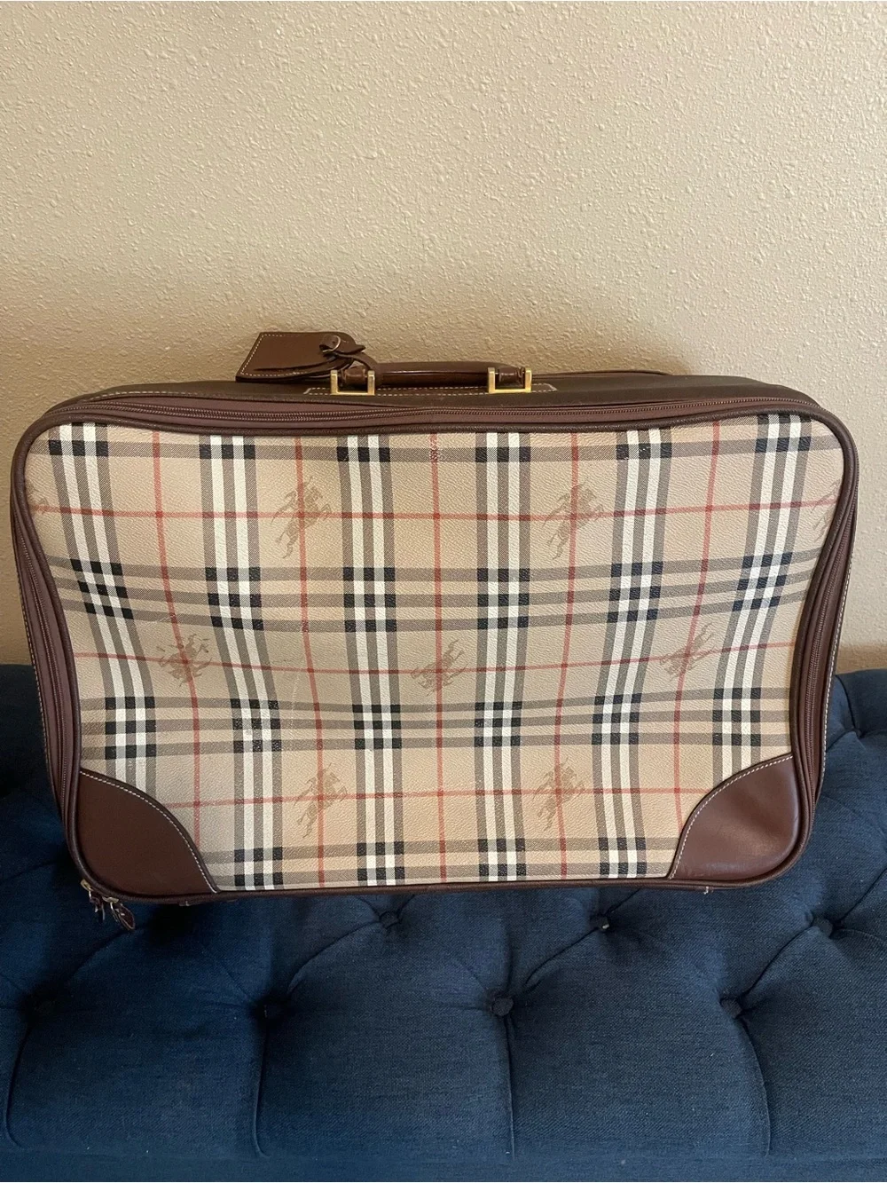 Burberry Beige/Tan Plaid Leather Trim Travel Briefcase